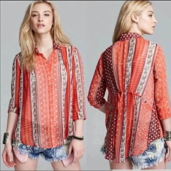 Free People Moonlight Mile Sheer Boho Printed Long Sleeve Button Down XS - Picture 1 of 6